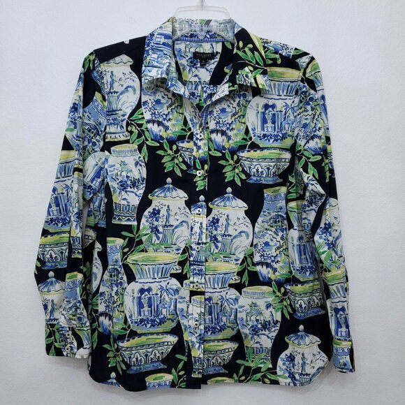 Talbots Watercolor Vases Classic Cotton Office Career Holiday Shirt Size MP - Picture 2 of 13